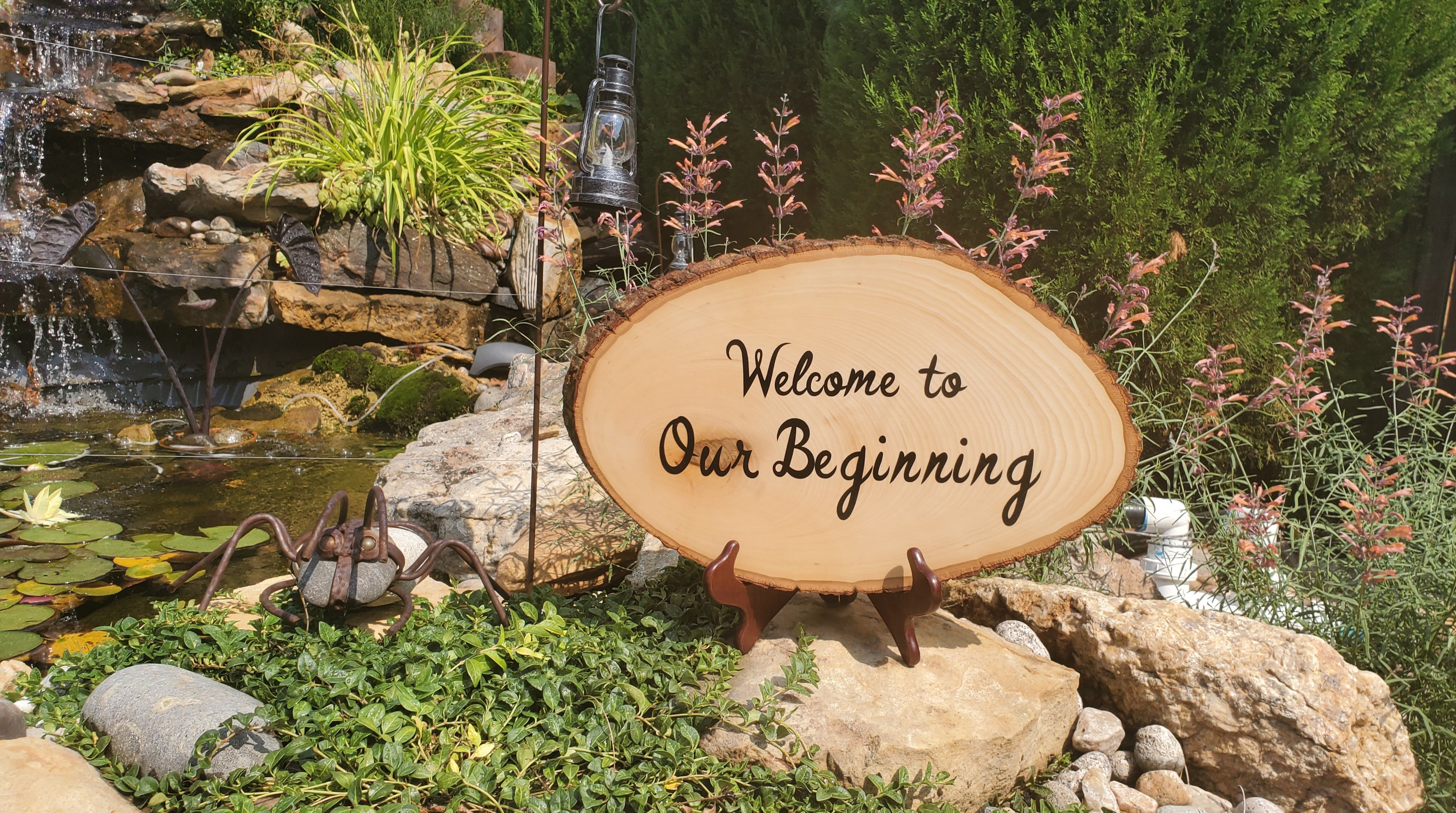 
    Welcome to Our Beginning Wooden Rustic Round Sign (Rental)