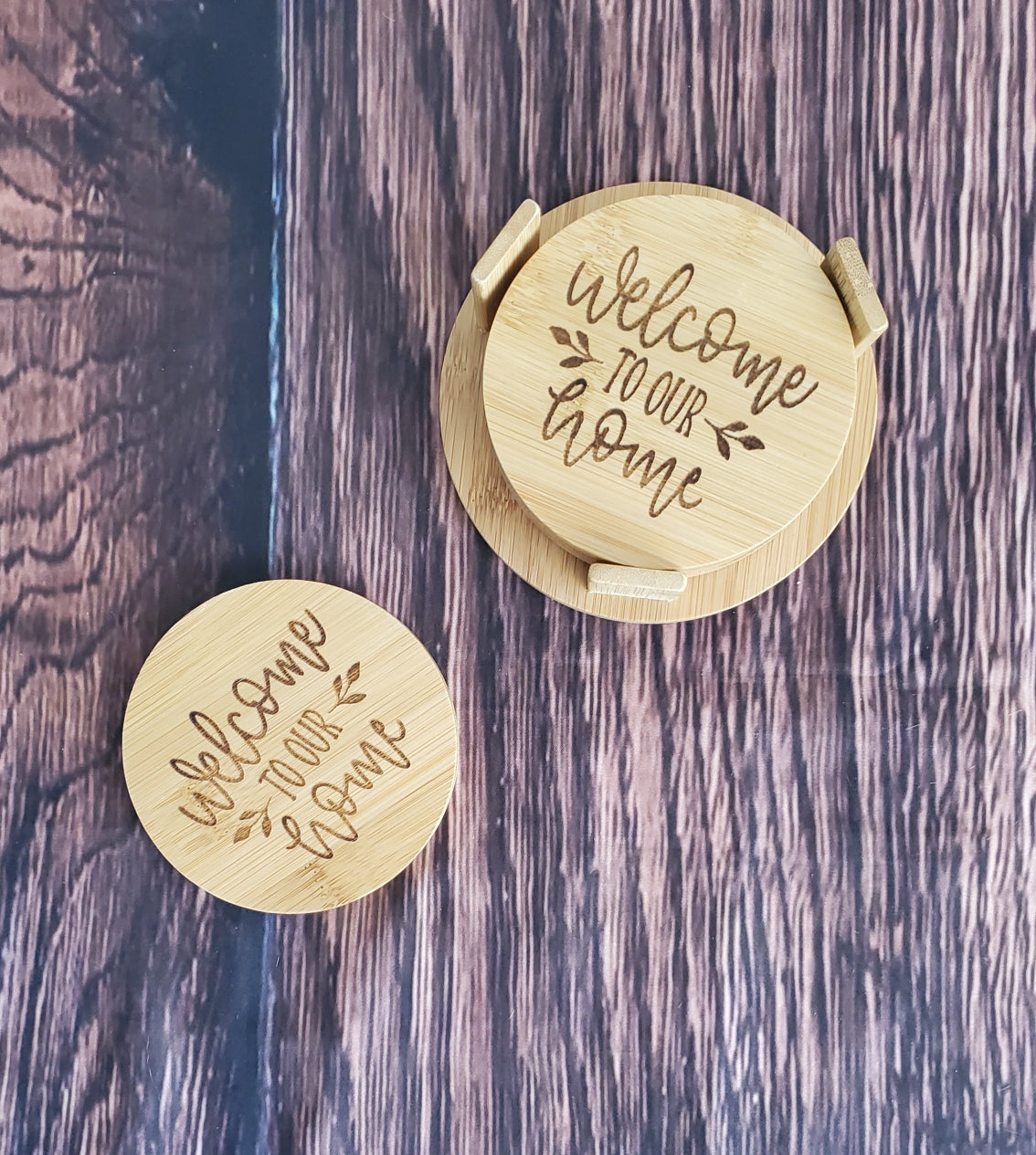 
Bamboo Coasters, Personalized Bamboo Wooden Drink Coasters, Laser Engraved (set of 4 w/ holder)