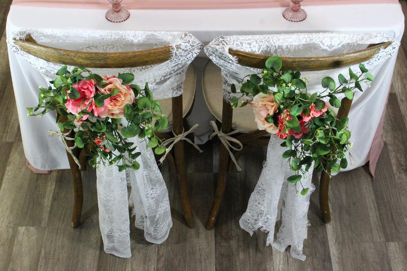 
    Blush and Pink Faux Floral and Lace Chair Sashes