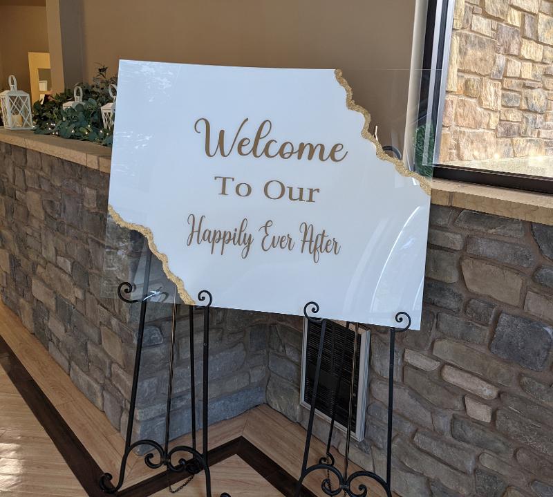 
    Welcome to Our Happily Ever After Acrylic and Gold Fleck Sign