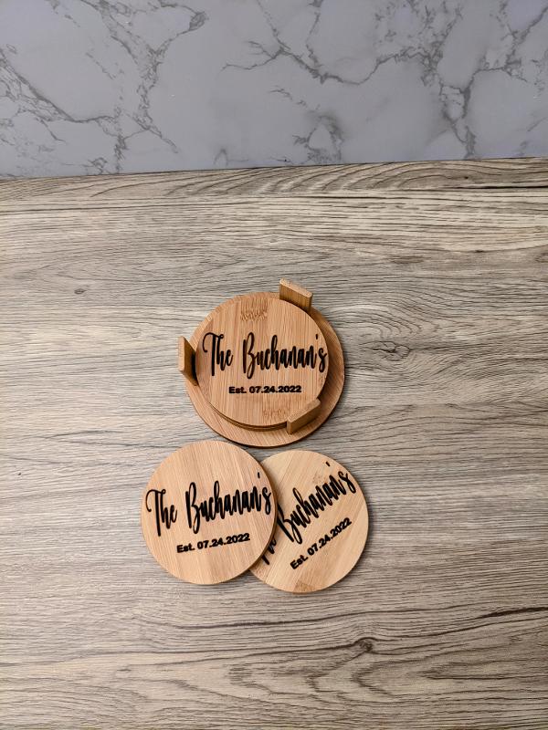 
Bamboo Coasters, Personalized Bamboo Wooden Drink Coasters (set of 4)